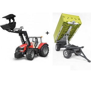 BF22033047 Set met Bruder  03047 Massey Ferguson tractor met voorlader en Bruder 02203 Fliegl kiepaanhanger