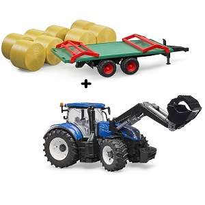 Bruder 22203121 - Bruder 03121 New Holland met voorlader en Bruder 02220 balenaanhanger