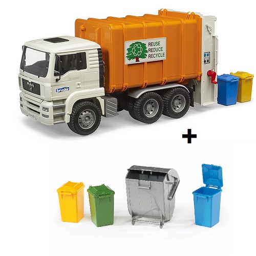 bruder 27722607 - Bruder MAN TGA vuilniswagen met twee vuilcontainers (02772) en extra containerset (02607) aanbieding