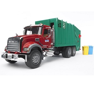 bruder 2812 - Bruder 02812 vrachtwagen MACK-Granite vuilnisauto rood met groen, inclusief twee vuilcontainers