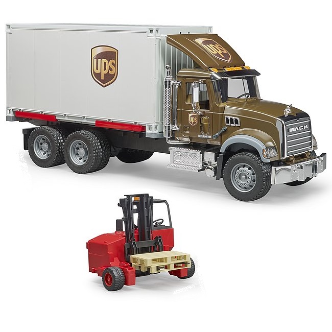 bruder 2828 - Bruder 02828 vrachtwagen Mack Granite UPS logistiektruck + vorkheftruck en twee pallets