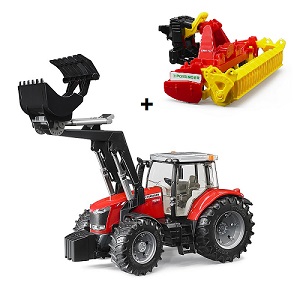 Bruder 30472346 - Bruder Massey Ferguson tractor met voorlader (03047) en Pottinger Lion eg (02346)