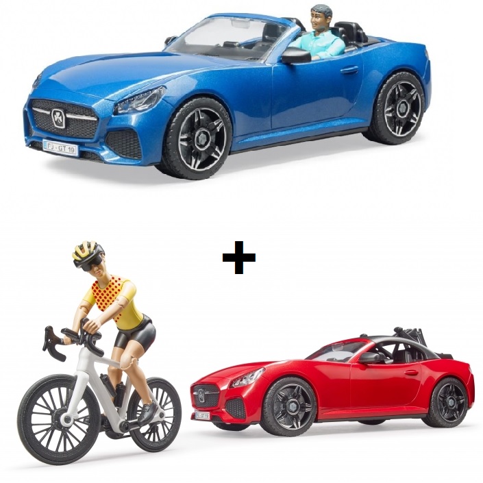BF34813485 Super combi: 2 Bruder sportwagens met speelfiguren en wielrenfiets (aanbieding)