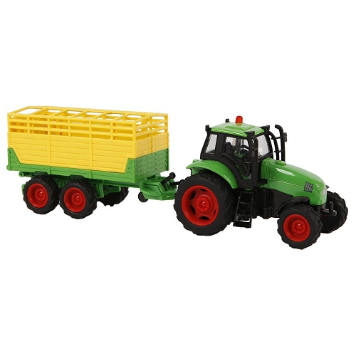 Kids Globe 510653B - Kids Globe 510653 tractor met licht en geluid, frictie-motor en geel groene aanhanger