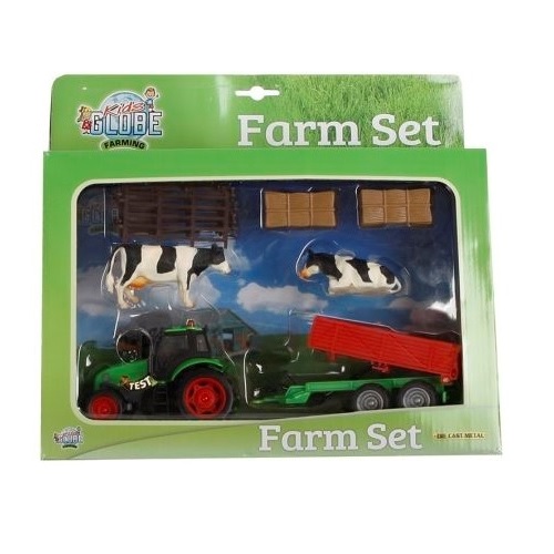 Kids Globe 510727 - Kids Globe 510727 Boerderijset met tractor & aanhanger, koeien, hekjes en twee balen
