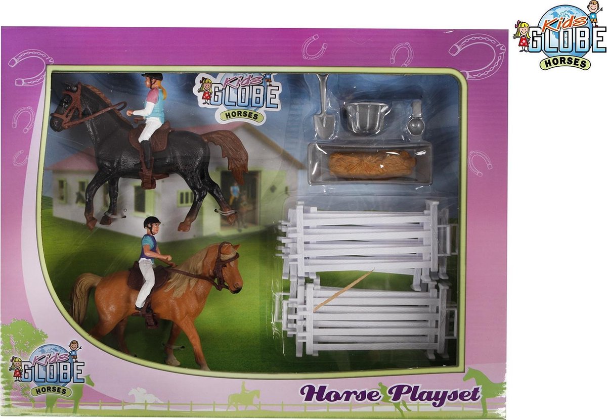 Kids Globe 640072 - Kids Globe Kids Globe ruiterset met twee paarden met ruiter, hekken en accessoires - Kids Globe 640072