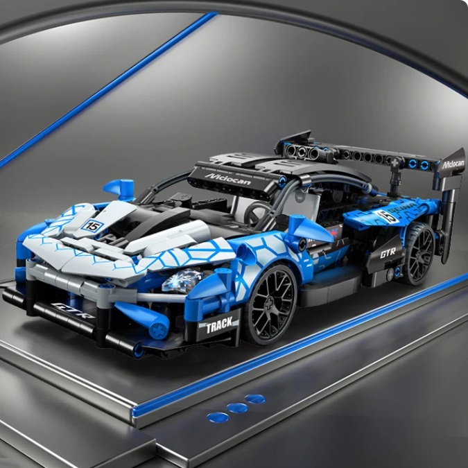 eigen merk 00015 - Bouwblokjes blauwe super sportauto, 452 steentjes, met pullback motor, compatible met LEGO