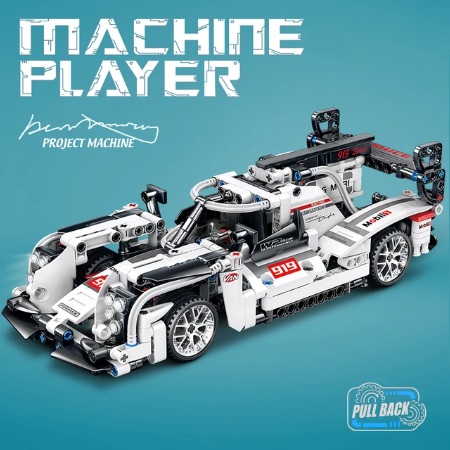 eigen merk 00919 - Bouwblokjes sportauto, gebaseerd op de Porsche 919 EVO, 452 steentjes, compatible met LEGO, met pull-back motor