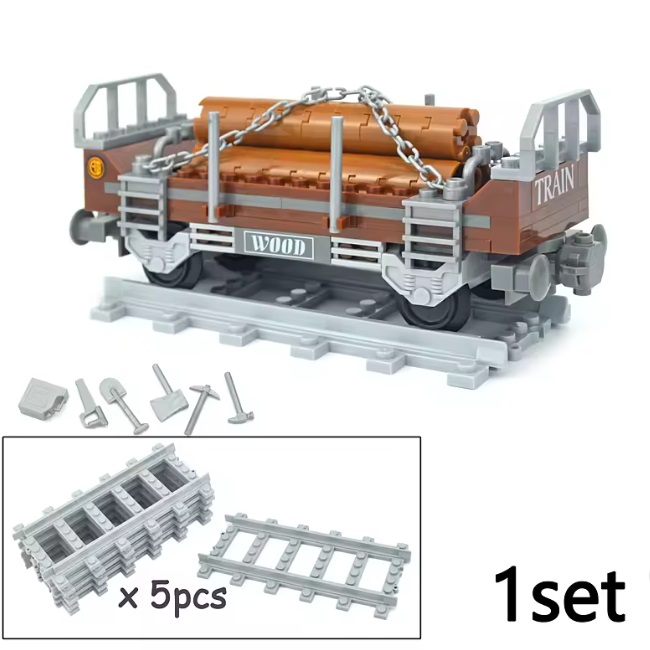  20136 -  bouwblokjes treinwagon voor boomstammen, met 5x rails en gereedschappen, compatibel met Lego en Mould King, ca. 151 blokjes -  20136