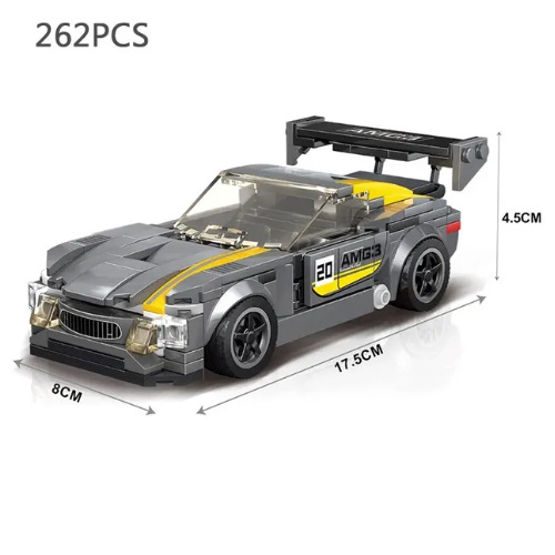  50012 - bouwpakket bouwsteentjes raceauto grijs-geel, compatible met Lego, 262 blokjes