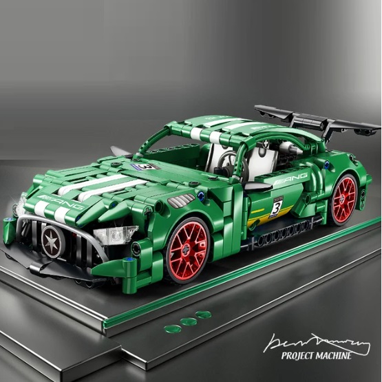 eigen merk 66532 - bouwblokjes groene sportwagen, gebaseerd op de Mercedes AMG, 456 blokjes, met pull-back motor, compatible met LEGO