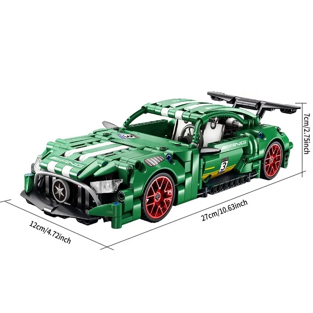 eigen merk 66532 - bouwblokjes groene sportwagen, gebaseerd op de Mercedes AMG, 456 blokjes, met pull-back motor, compatible met LEGO