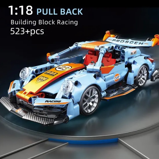  67116 - bouwpakket bouwsteentjes blauw-oranje sportauto, compatible met Lego, 523 blokjes