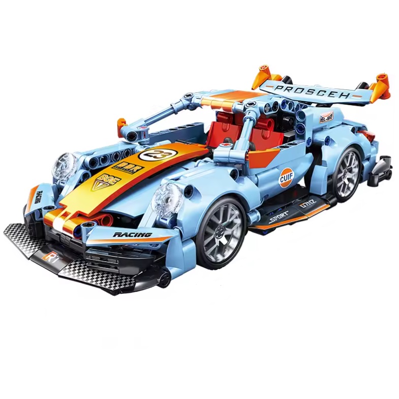  67116 - bouwpakket bouwsteentjes blauw-oranje sportauto, compatible met Lego, 523 blokjes