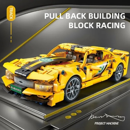 eigen merk 67122 - Bouwblokjes gele sportauto, met pull-back motor, 451 steentjes, compatible met LEGO